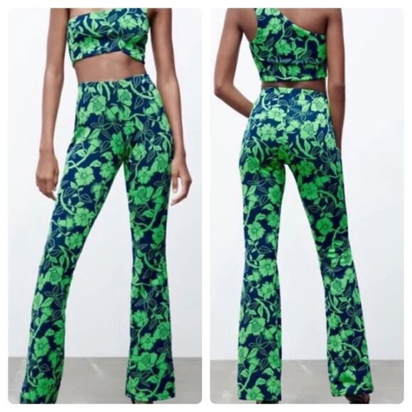 NWT Zara Jacquard Neon Floral Flare Pants - Picture 6 of 6